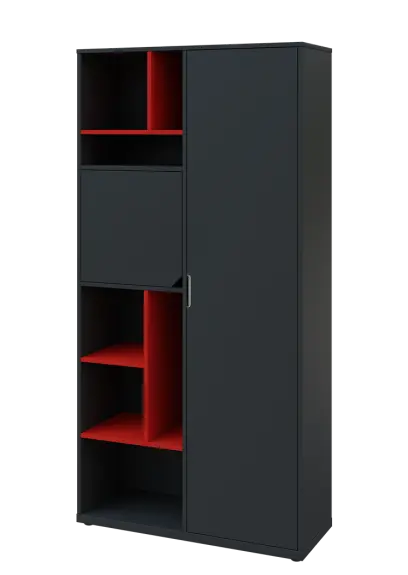 KSR6-83 P skříň šatní, 1x výsuvné ramínko, dvířka, niky, 2053x1022x400 mm, provedení pravé, korpus a dvířka antracit/police červená